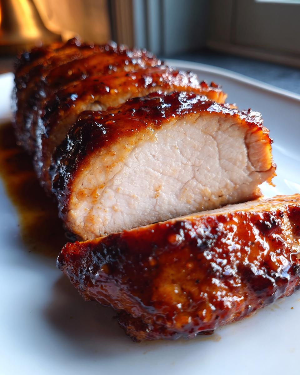 Close-up of a sliced, glazed pork tenderloin recipe showing juicy white meat and a dark, caramelized crust.