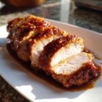 Four thick slices of a perfectly cooked pork tenderloin recipe, coated in a glistening, dark amber glaze, resting in sauce.