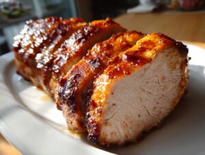 Close-up of sliced, beautifully glazed pork tenderloin recipe, showing juicy interior and caramelized exterior.