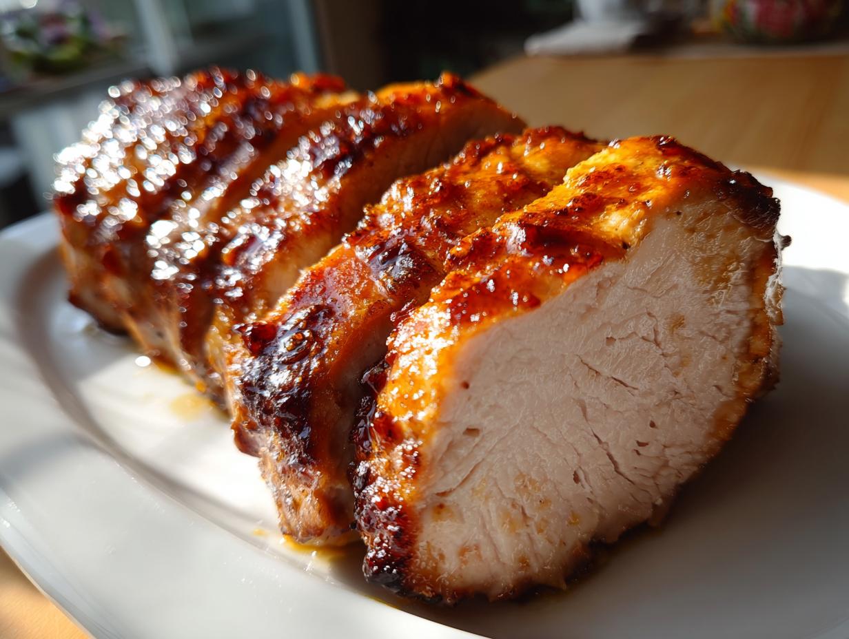 Close-up of sliced, beautifully glazed pork tenderloin recipe, showing juicy interior and caramelized exterior.