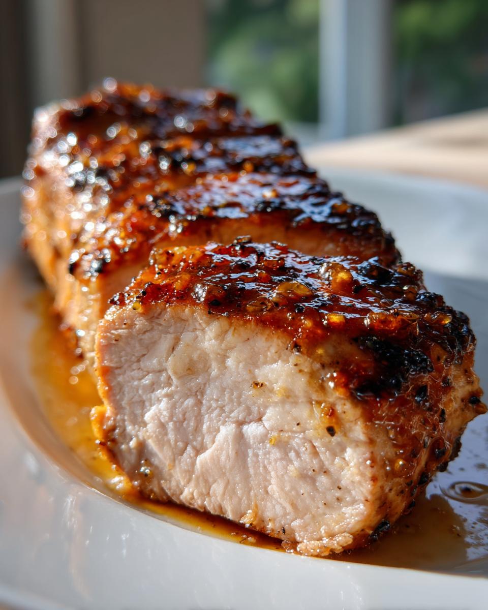 Close-up of a perfectly cooked and sliced pork tenderloin recipe with a thick, shiny, dark glaze.