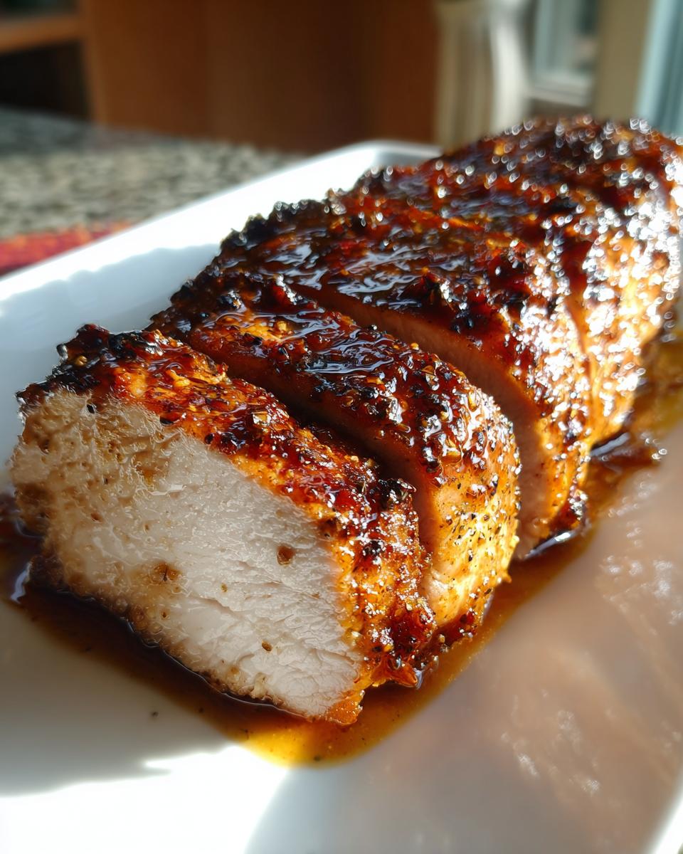 Close-up of a juicy, sliced pork tenderloin recipe covered in a thick, dark, glossy glaze.