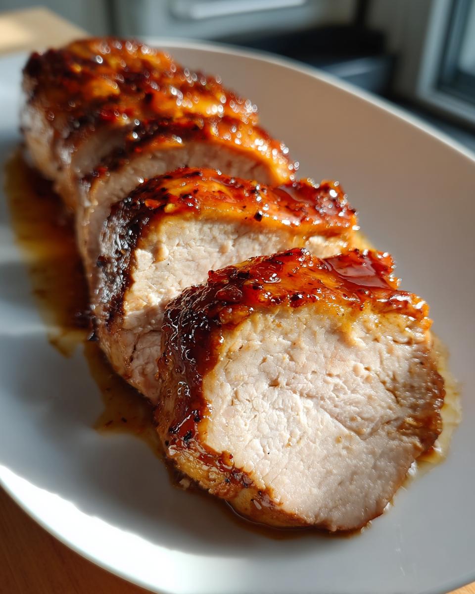 Close-up of sliced pork tenderloin recipe, featuring a thick, shiny, orange-brown glaze.