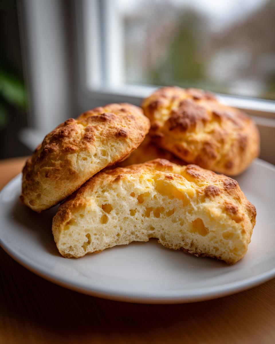 Close-up of golden brown cloud bread buns, one sliced open showing the airy interior texture.