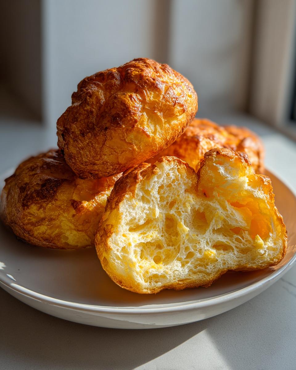 Close-up of golden brown cloud bread puffs, one sliced open showing a light, airy interior texture.