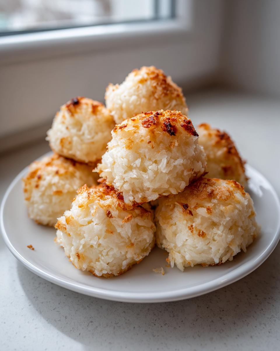 A pile of golden-brown toasted coconut macaroons, not potato dumplings, served on a white plate.