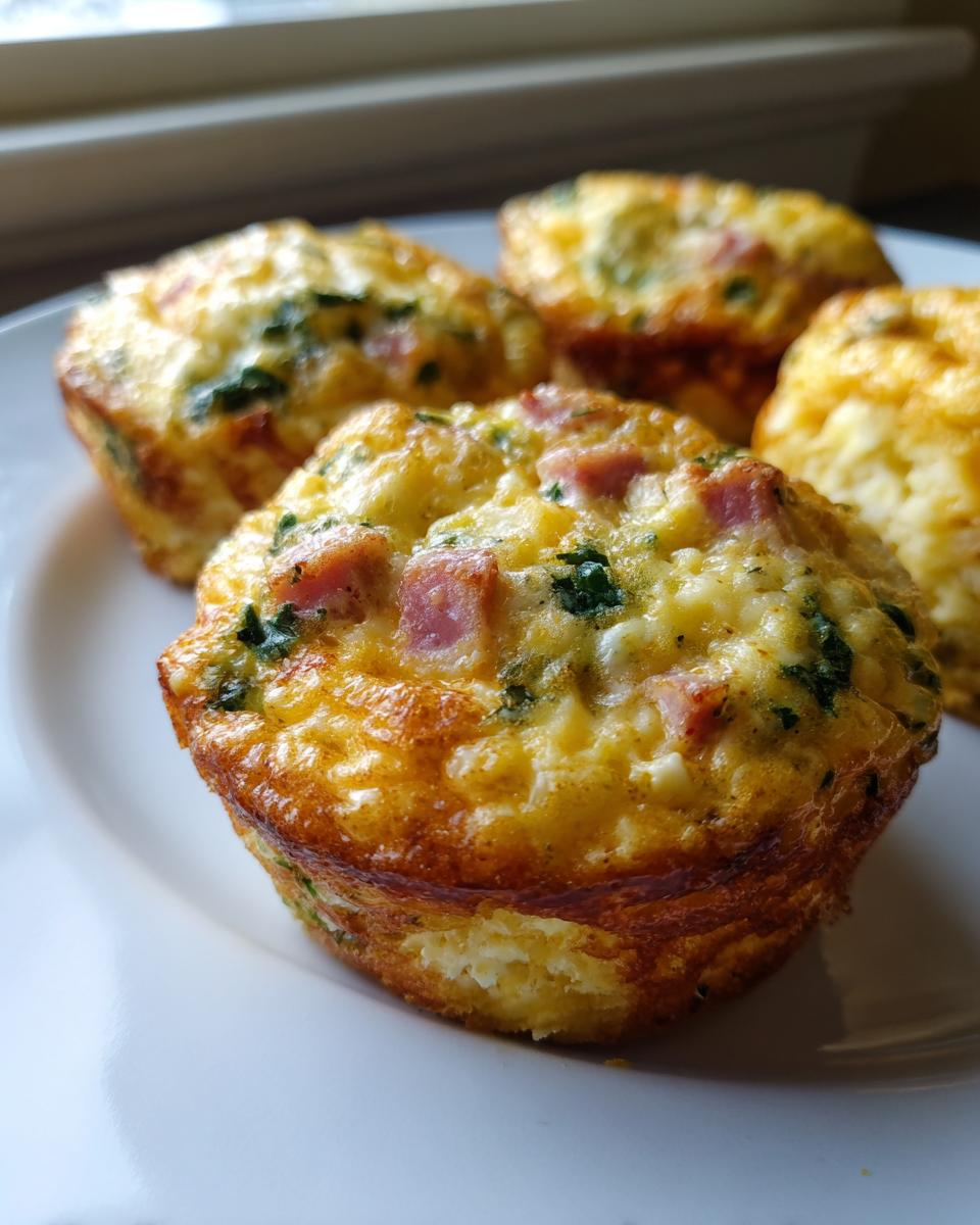 Close-up of four golden brown egg bites made with egg, ham, and spinach, served on a white plate.