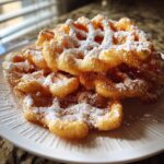 A stack of freshly made, golden brown funnel cake recipe treats dusted heavily with white powdered sugar on a white plate.