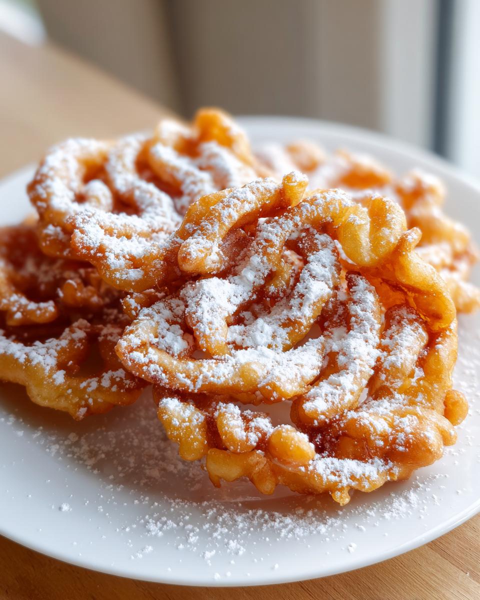 Close-up of several golden brown funnel cake recipe servings dusted generously with white powdered sugar on a white plate.