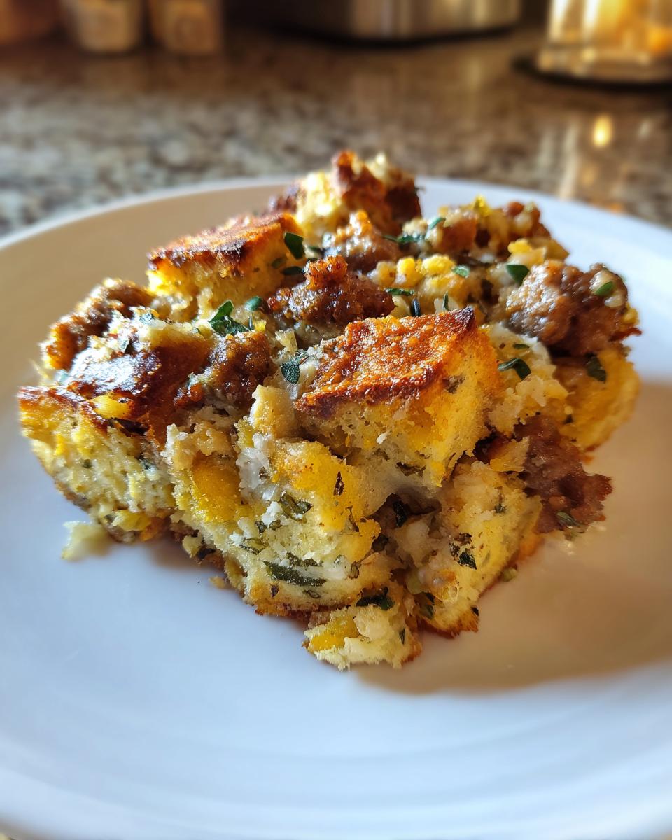 Close-up of a golden, baked slice of sausage stuffing featuring bread cubes, crumbled sausage, and green herbs.