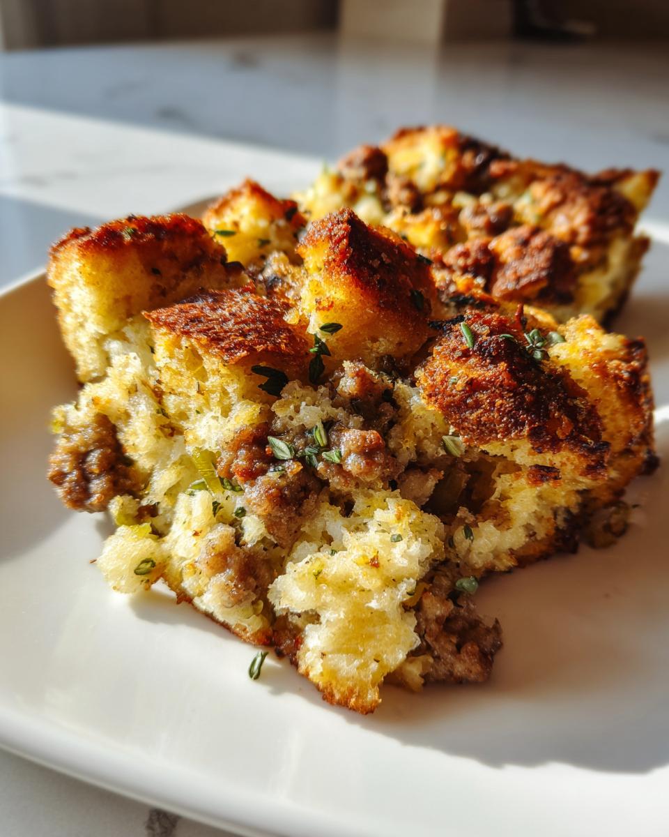 A close-up of a golden brown slice of savory sausage stuffing, garnished with fresh thyme.