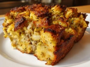 A close-up of a perfectly baked slice of sausage stuffing with crispy edges and visible herbs.