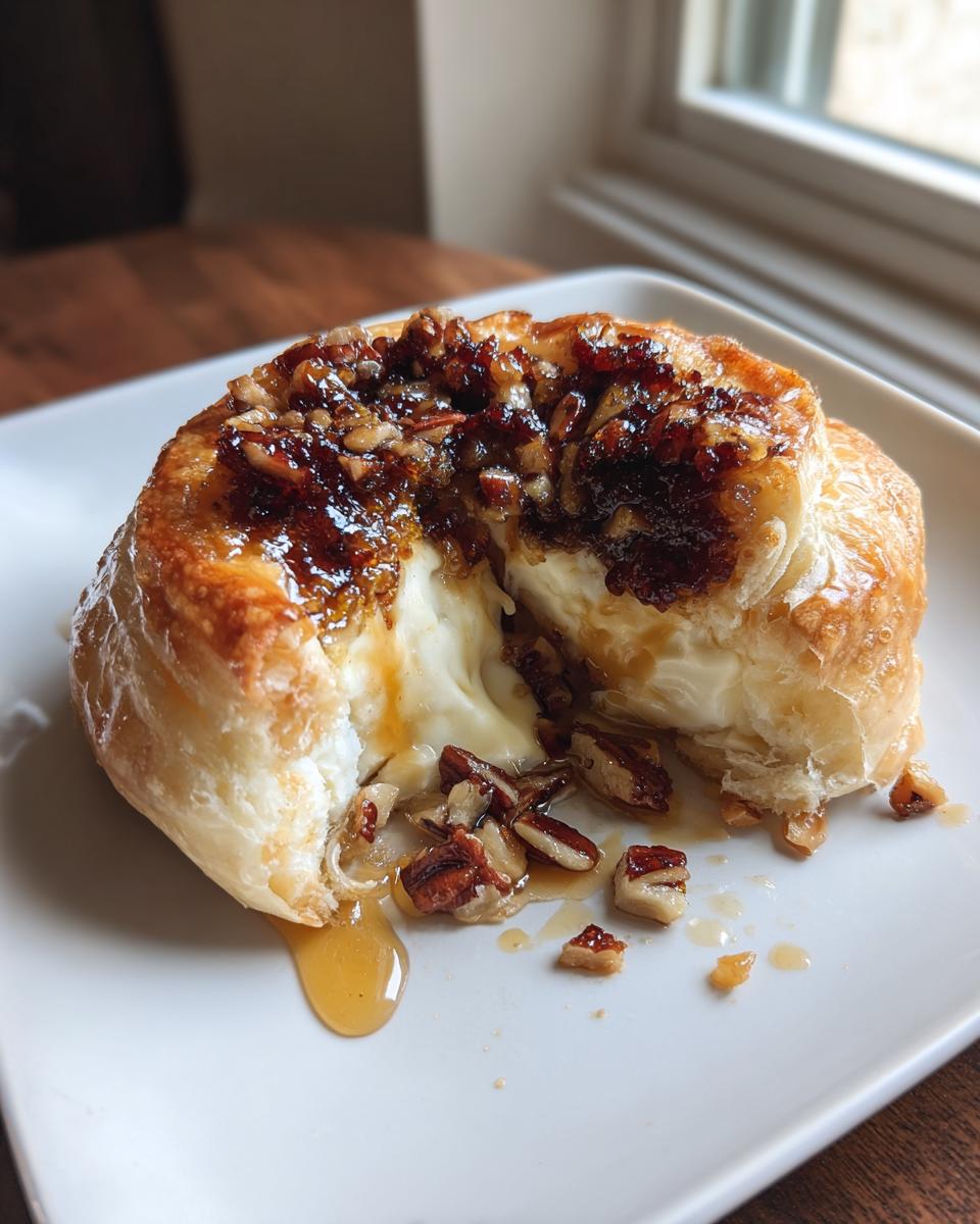 A warm, gooey baked brie wrapped in pastry, cut open to show melted cheese and topped with caramelized pecans and honey.