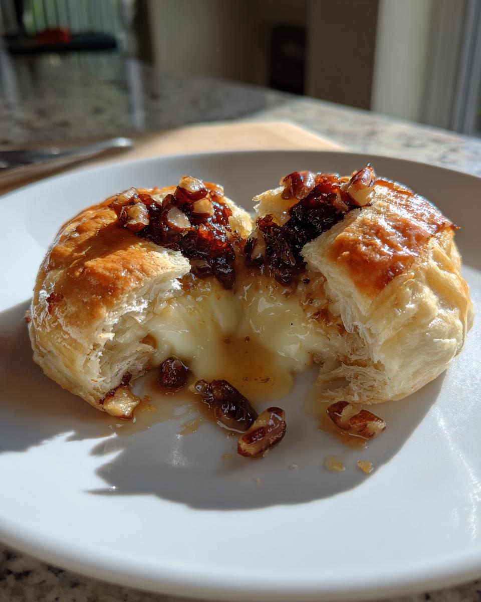 A warm baked brie wrapped in pastry, cut open to show the melted cheese, topped with nuts and sweet glaze.