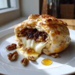 Close-up of baked brie wrapped in flaky pastry, oozing melted cheese, nuts, and honey on a white plate.