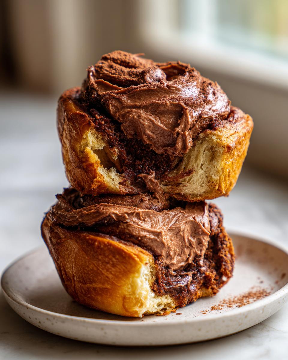 Two stacked, gooey chocolate cinnamon rolls topped with thick chocolate frosting, one showing a bite taken out.