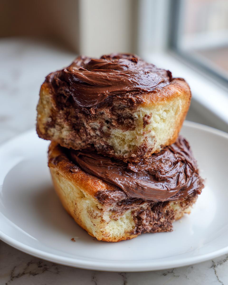 Close-up of two stacked, gooey chocolate cinnamon rolls topped with rich chocolate frosting.
