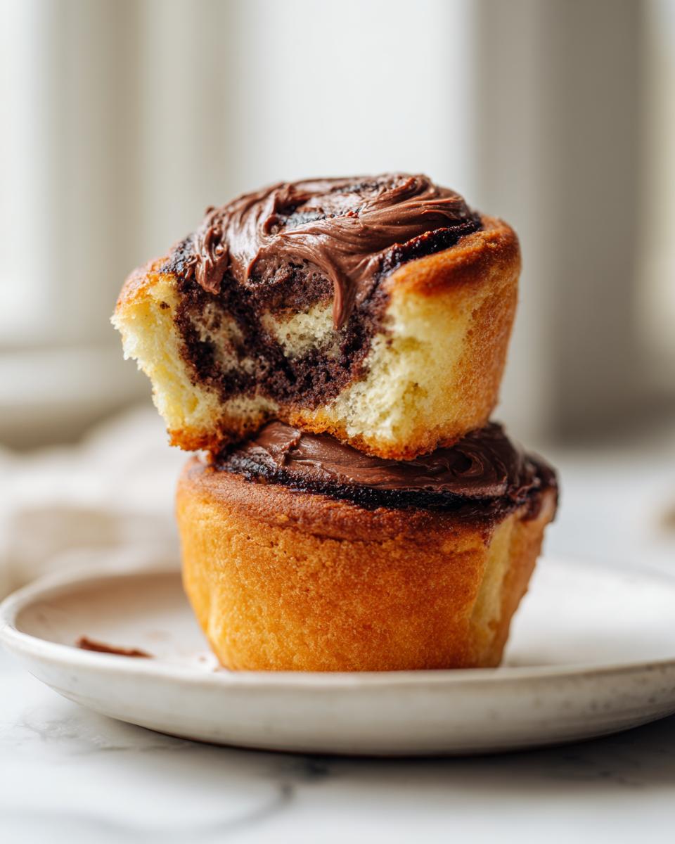 Two stacked chocolate cinnamon rolls, one with a bite taken out showing the gooey chocolate swirl filling.