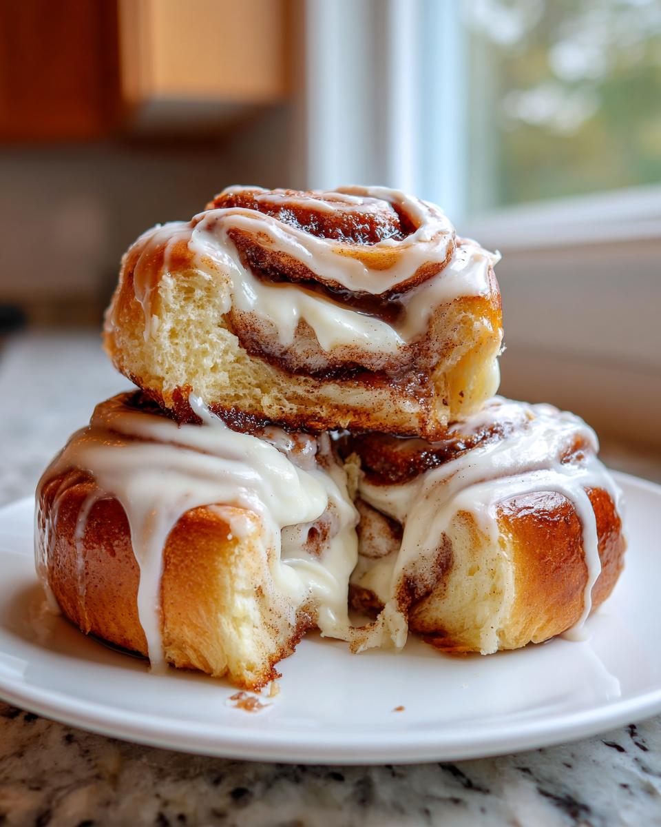 Close-up of two gooey cinnamon buns stacked, showing the rich cinnamon swirl and dripping cream cheese icing.