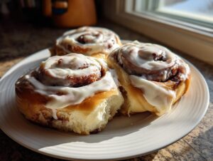 Three freshly baked, gooey cinnamon buns generously topped with white cream cheese frosting, sitting on a plate.
