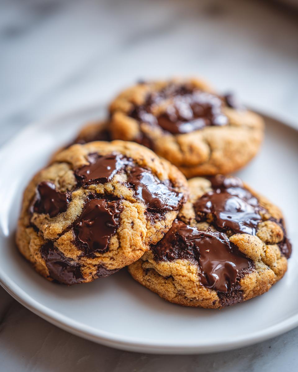 Close-up of three gooey cream cheese chocolate chip cookies with melted dark chocolate pools on a white plate.