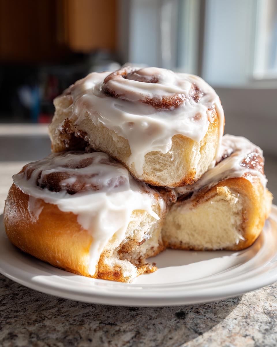 Three gooey cinnamon buns stacked on a white plate, generously topped with white icing.