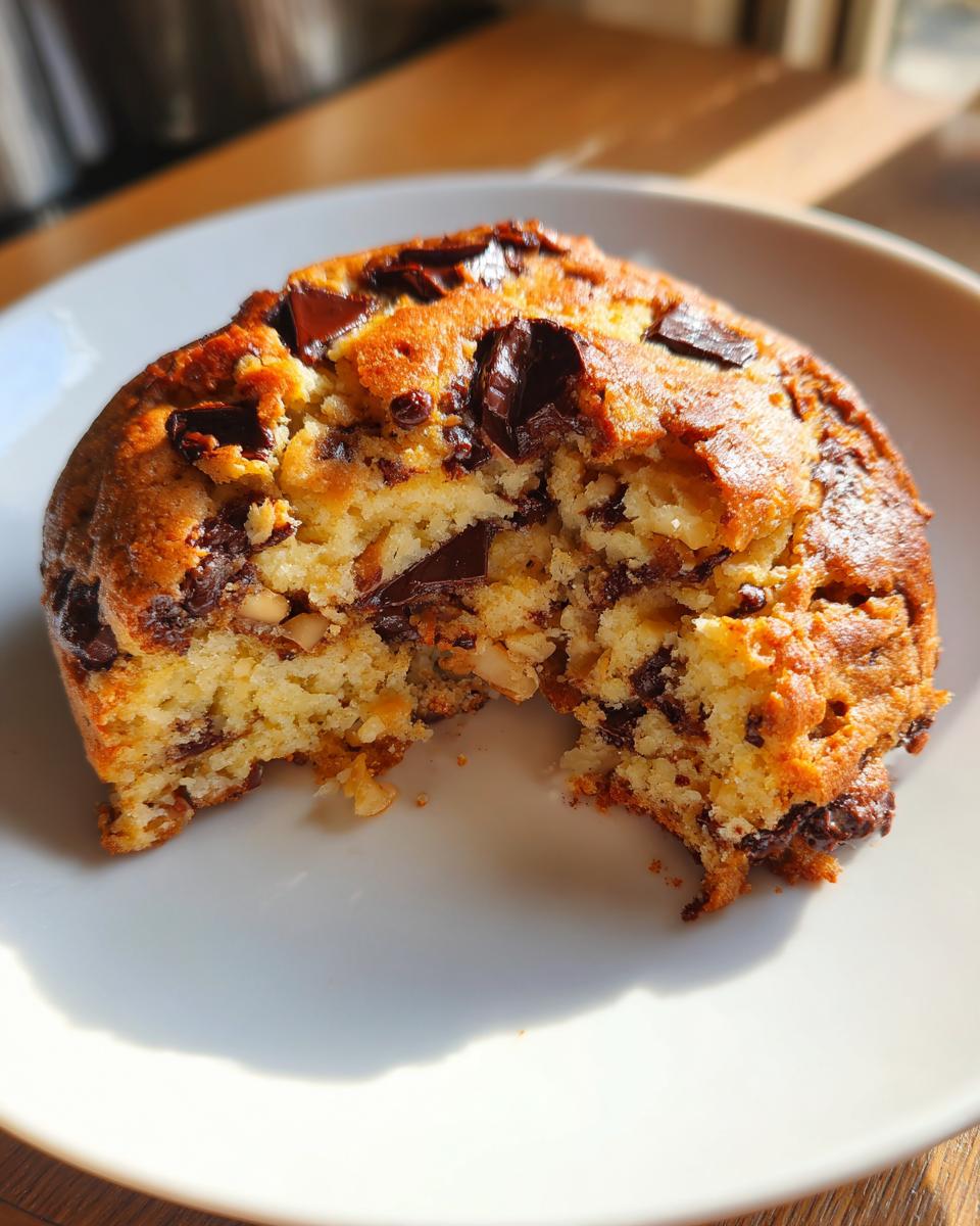 Close-up of a thick, gooey levain bakery chocolate chip cookie broken open, showing melted chocolate chunks and nuts.