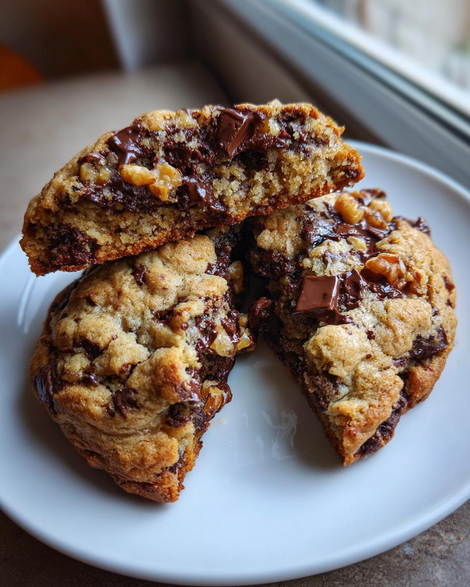 Close-up of a thick levain bakery chocolate chip cookie cut in half, showing gooey melted chocolate and walnuts inside.