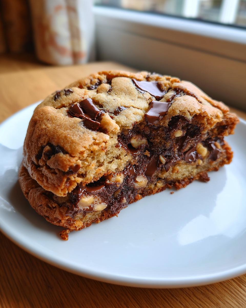 Close-up of a halved levain bakery chocolate chip cookies showing the gooey, molten chocolate and nut-filled center.