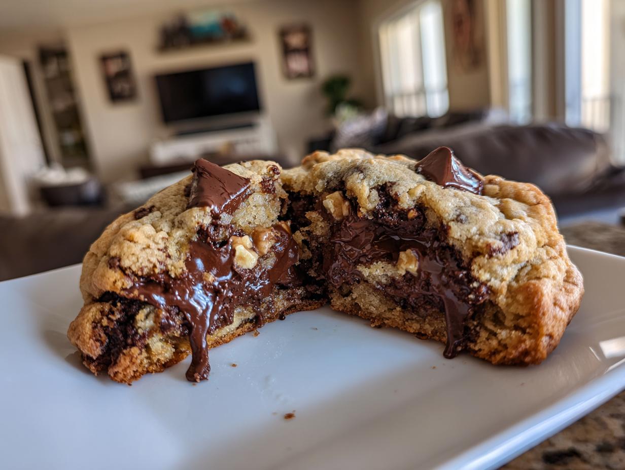 A thick levain bakery chocolate chip cookie cut in half showing molten, gooey chocolate center on a white plate.