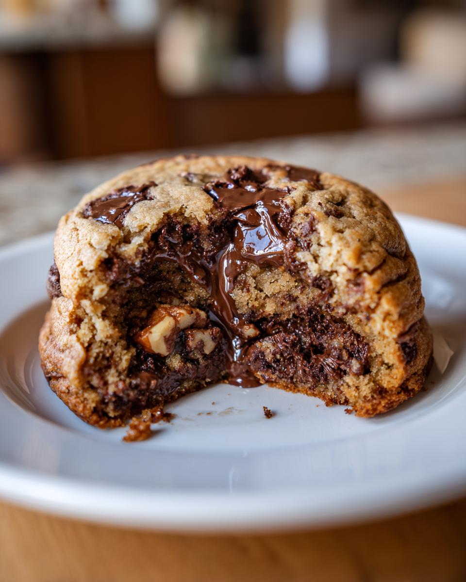 Close-up of a thick levain bakery chocolate chip cookie broken in half showing molten chocolate and nuts.