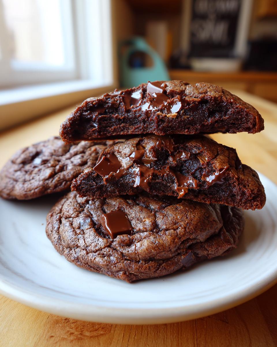 Close-up of rich, dark vegan chocolate chip cookies stacked, showing the gooey, melted chocolate center.
