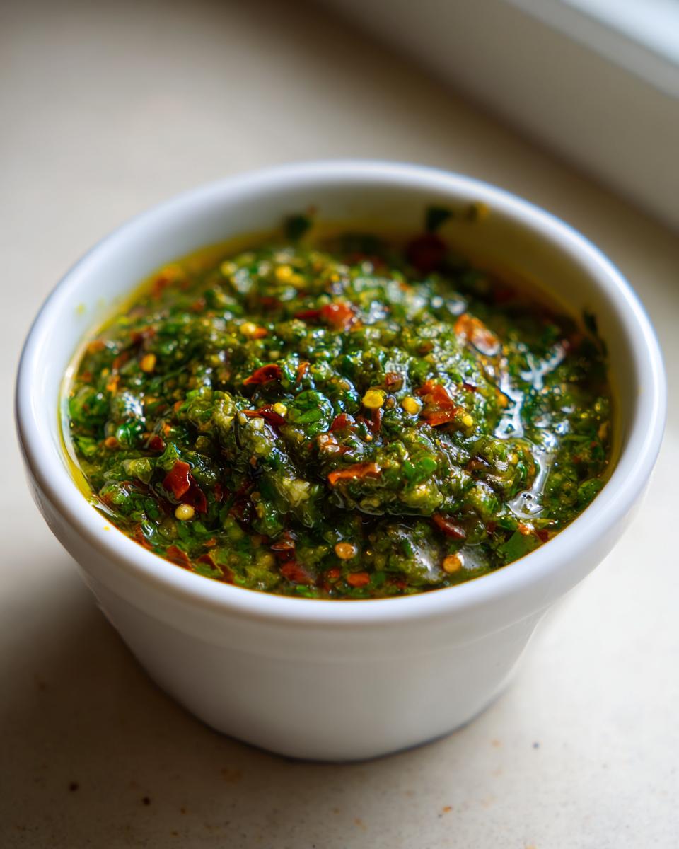 Close-up of vibrant green tomato salsa, chunky with visible red pepper flakes, in a small white bowl.