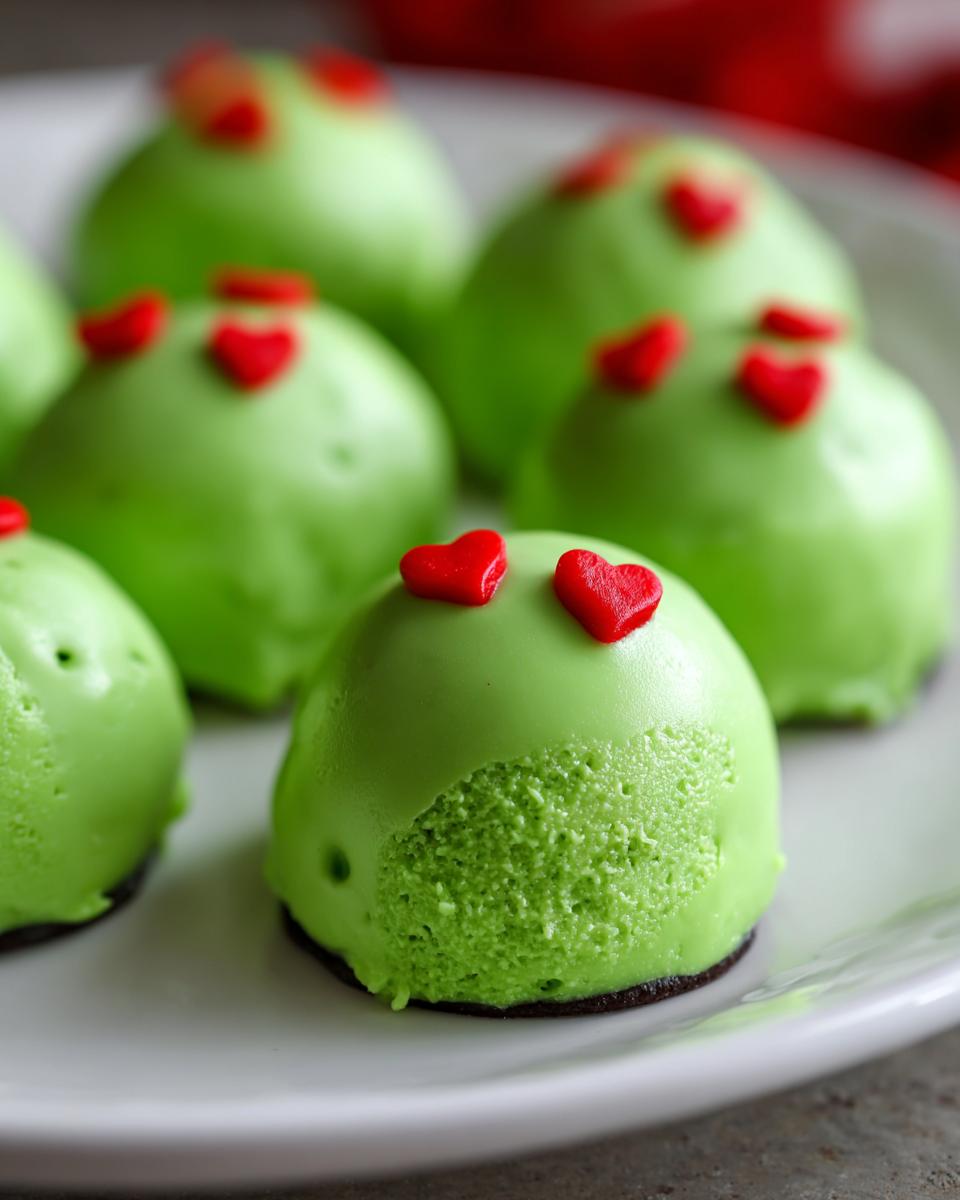 Close-up of bright green Grinch Oreo balls on a white plate, topped with small red heart sprinkles.