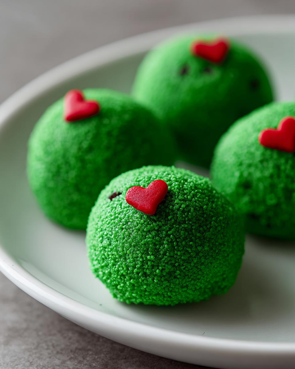 Four vibrant green Grinch Oreo balls coated in sprinkles, each topped with a small red heart candy.