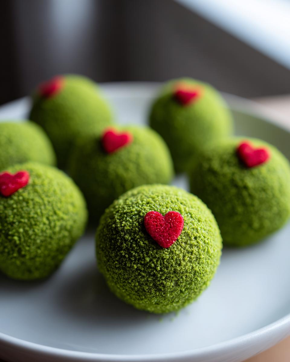 Several bright green Grinch Oreo balls dusted with green crumbs, each topped with a small red heart candy.