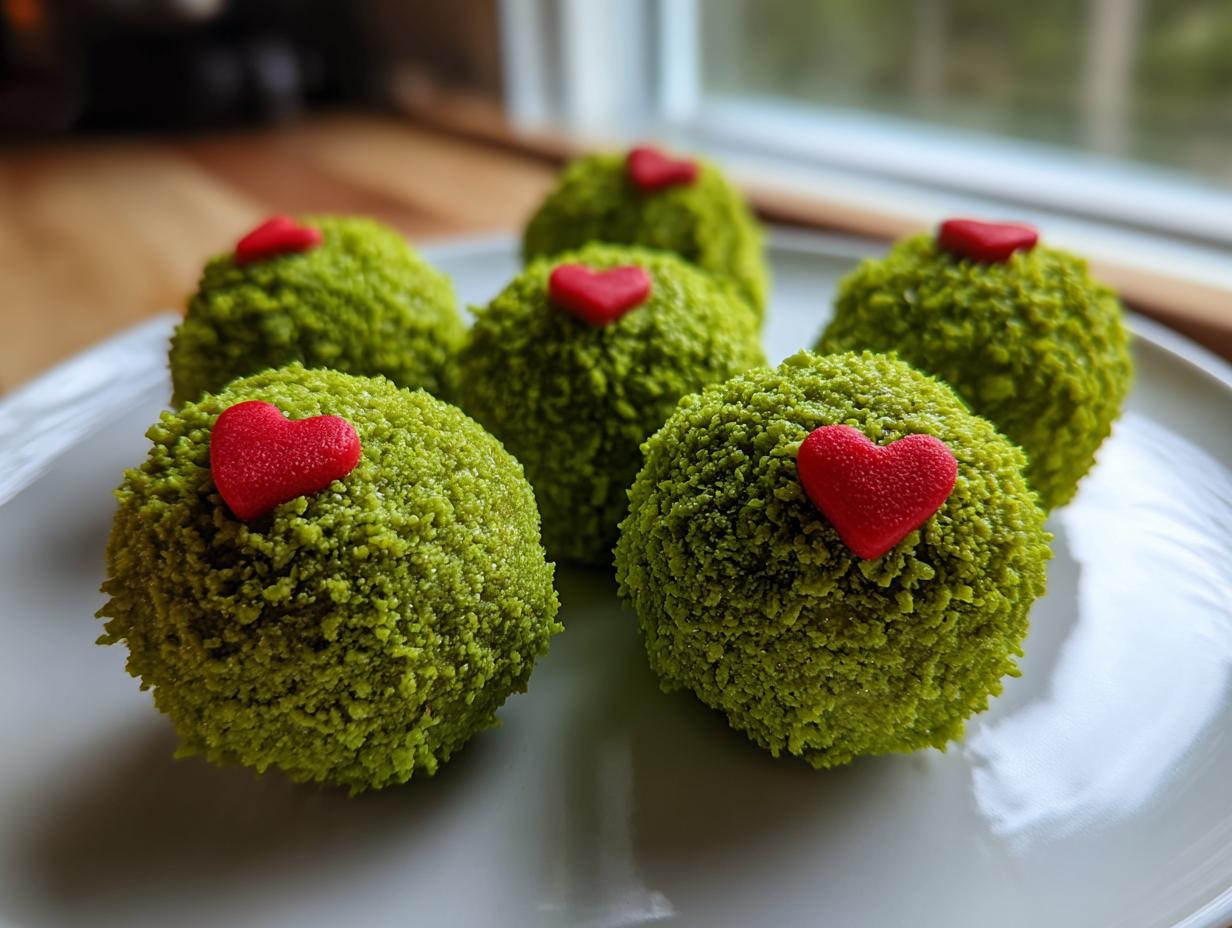 Six bright green Grinch Oreo Balls coated in crumbs and topped with small red heart sprinkles on a white plate.