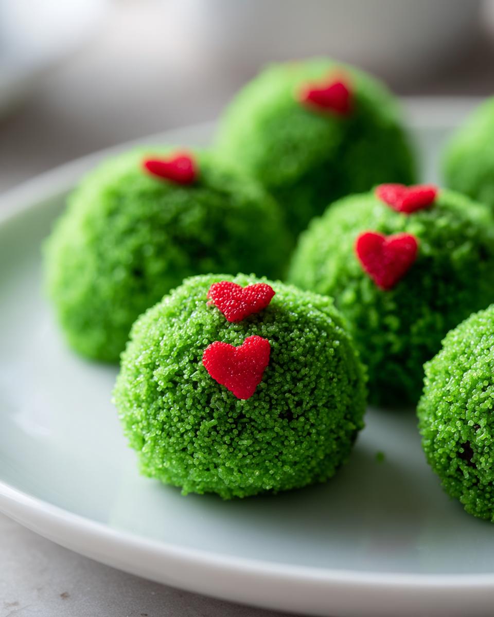 Close-up of several bright green Grinch Oreo balls covered in sprinkles, each topped with small red heart candies.
