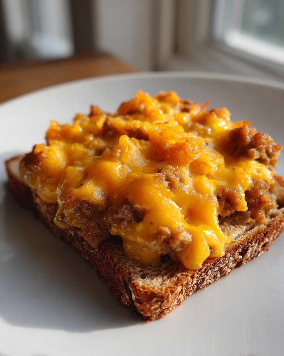 A slice of toast topped with savory meat mixture and melted cheddar cheese, representing a hanky panky recipe serving.