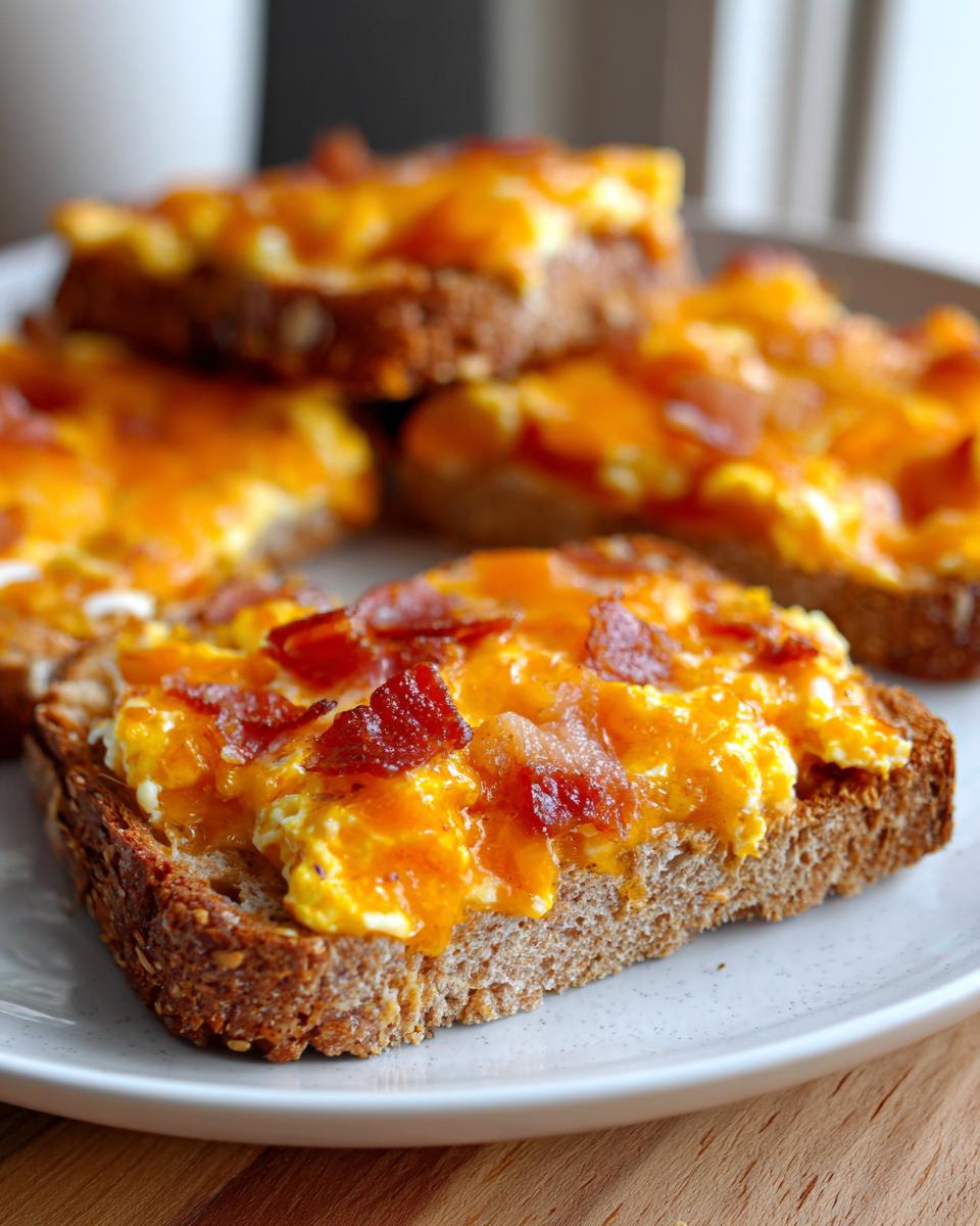 A slice of toast topped with scrambled eggs, melted cheddar cheese, and crispy bacon pieces, representing a hanky panky recipe.