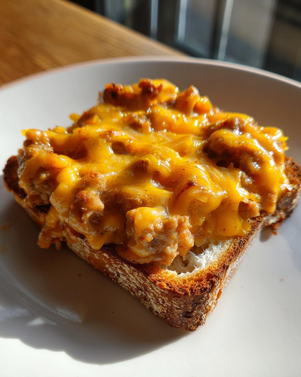 Close-up of a slice of toast topped with the savory, cheesy mixture from a hanky panky recipe.