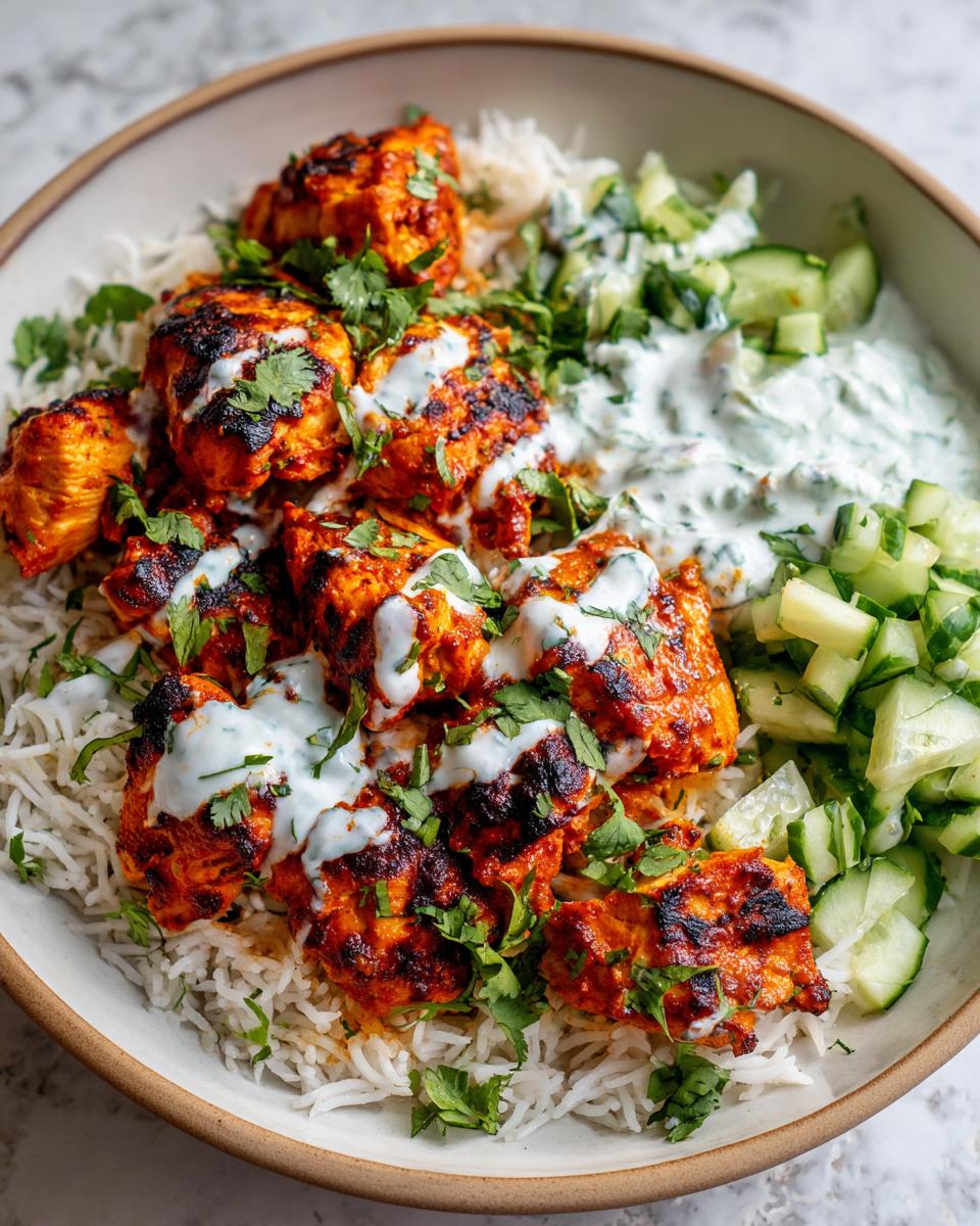 A close-up of a bowl filled with basmati rice topped with bright red, charred harissa chicken, drizzled with white sauce and fresh cilantro.