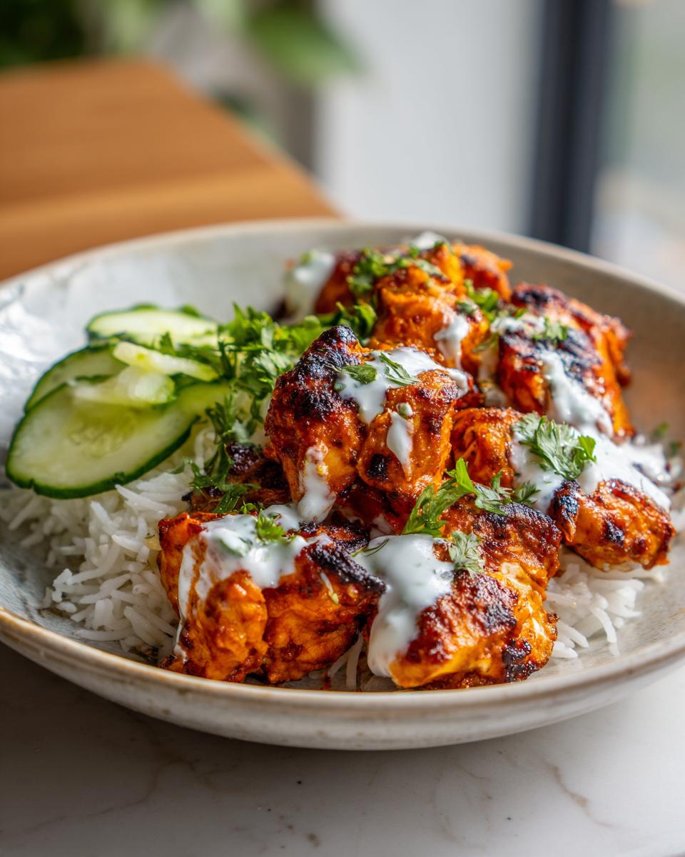 Close-up of charred, spicy harissa chicken pieces served over white rice with a yogurt drizzle and sliced cucumbers.