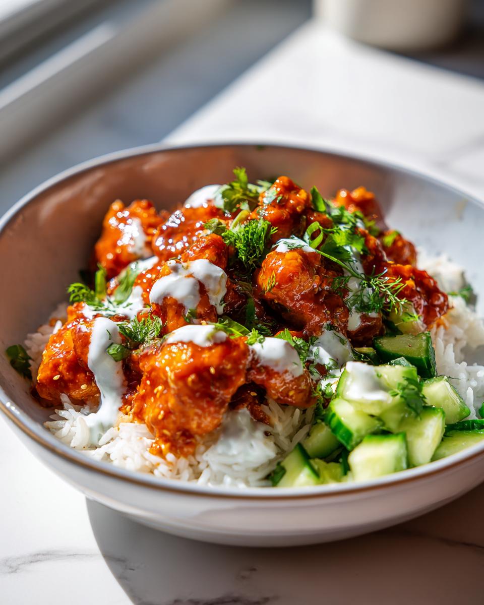 A close-up of a vibrant harissa chicken bowl served over white rice, topped with yogurt sauce and fresh herbs.