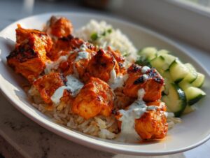 Close-up of a plate featuring vibrant orange harissa chicken pieces over rice, drizzled with white yogurt sauce and served with cucumber slices.
