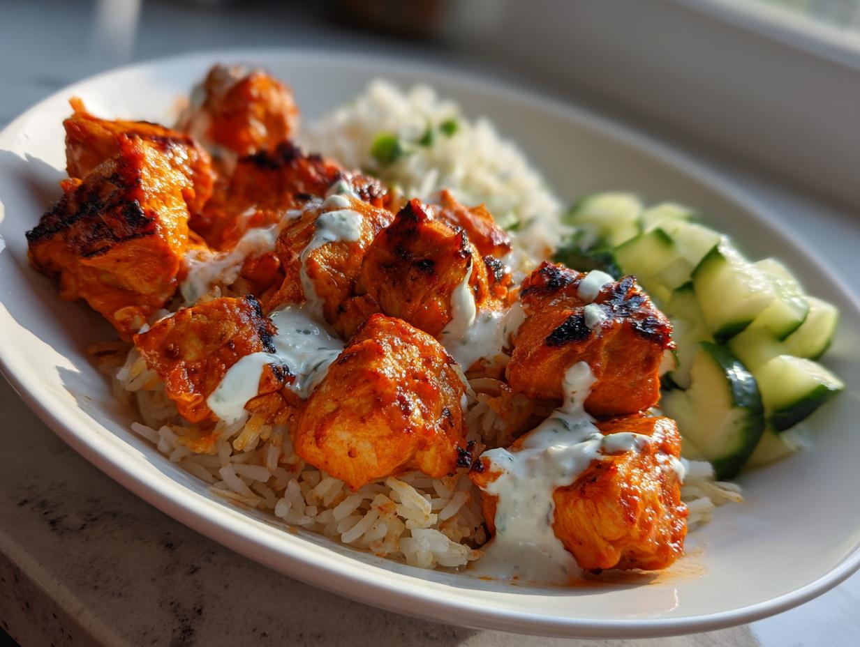 Close-up of a plate featuring vibrant orange harissa chicken pieces over rice, drizzled with white yogurt sauce and served with cucumber slices.