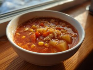 Close-up of a white bowl filled with rich, tomato-based maryland crab soup containing chunks of potato, carrots, corn, and shredded meat.