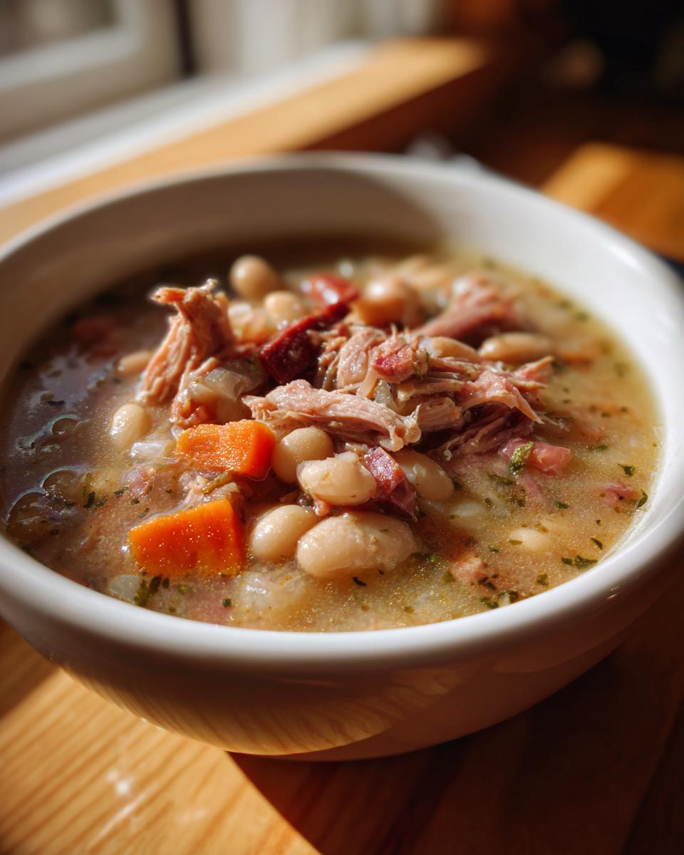 A close-up of a white bowl filled with rich navy bean soup, topped with shredded ham and diced carrots.