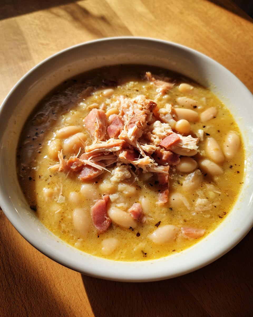 A close-up view of a hearty bowl of navy bean soup, topped with shredded ham and served on a wooden surface.