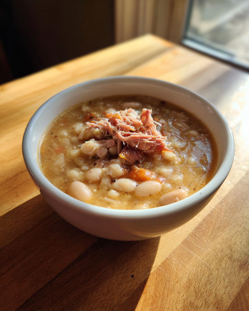 A white bowl filled with thick navy bean soup, topped with shredded ham or pork, sitting on a sunlit wooden table.